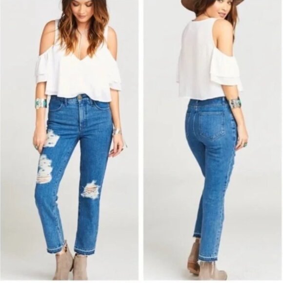 Show Me Your Mumu Brooklyn High Waist Distressed Crop Jeans in Sapphire Wash 25 - Picture 1 of 15